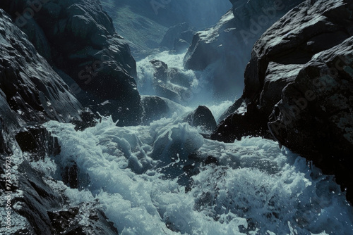 Rapid mountain stream rushing through rocky terrain