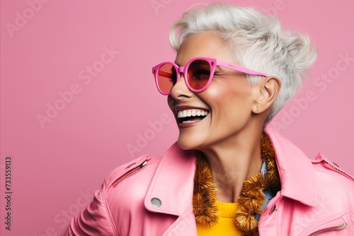 Portrait of a beautiful smiling middle-aged woman in pink sunglasses and a pink jacket. Pink background. © Iigo