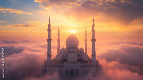 Magnificent mosque towers above the clouds against the backdrop of a clear evening sky amidst a sea of clouds