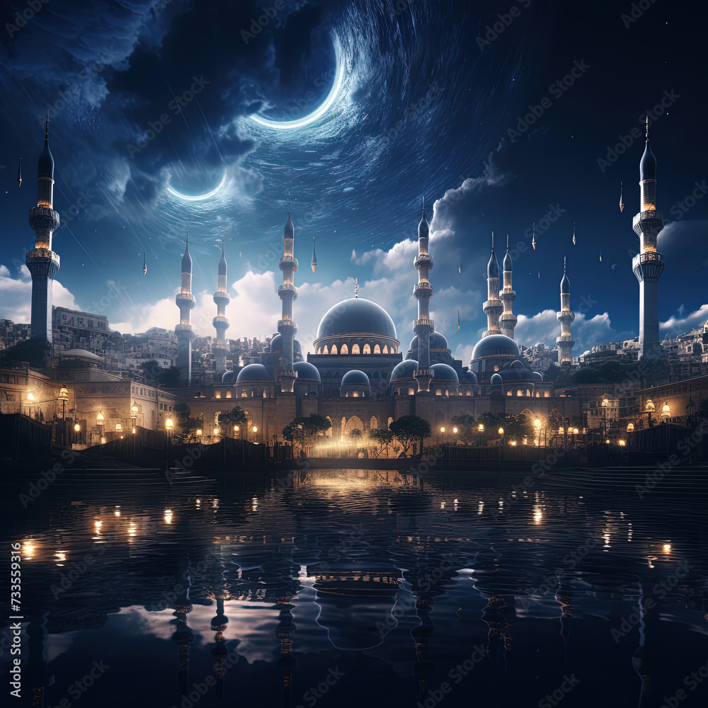 nighttime view of a mosque with a crescent and a crescent in the sky