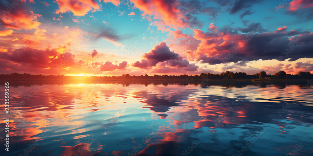 Beautiful sunset on the lake. Landscape with a lake.