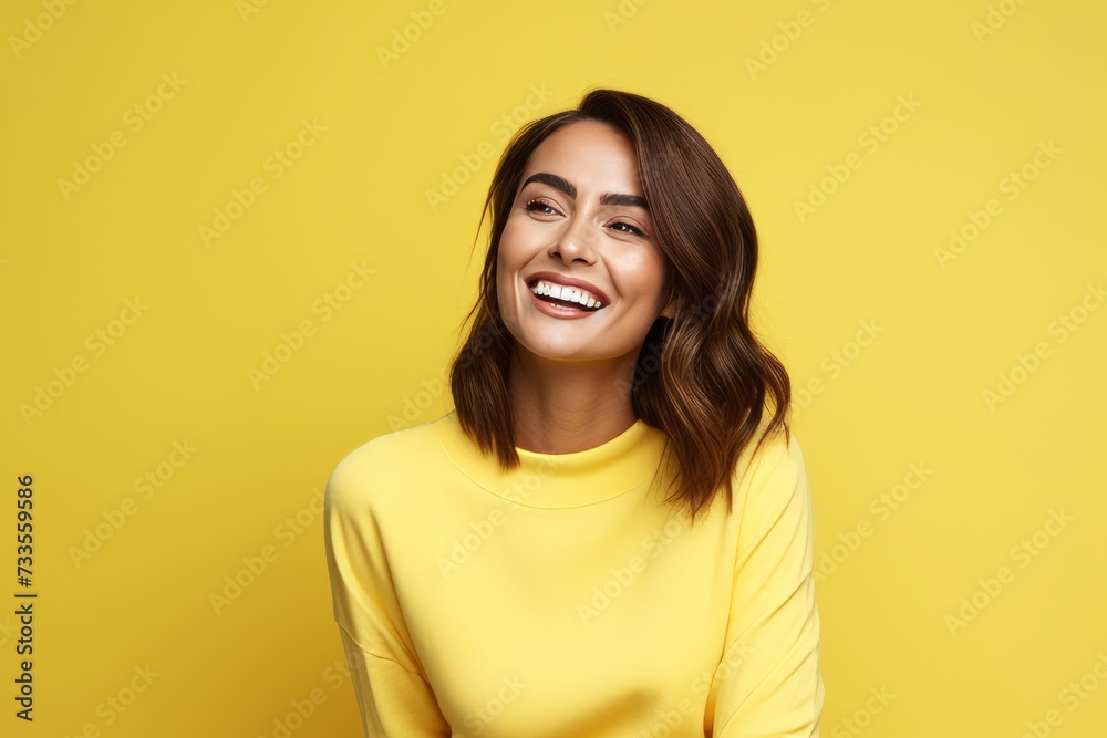 happy smiling young woman in yellow sweater over yellow background, empty space happy smiling young woman in yellow sweater over yellow background, empty space