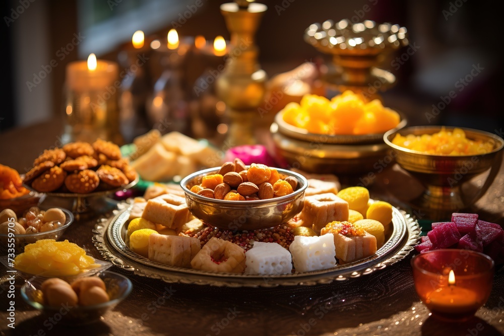 Deepavali cookies on a plate and table, surrounded by delicious sweet treats like maruku, ladoo and biscuits