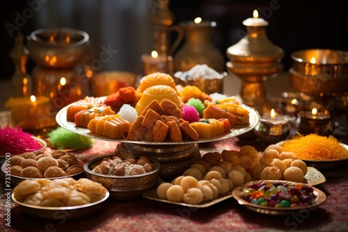 Deepavali cookies on a plate and table  surrounded by delicious sweet treats like maruku  ladoo and biscuits