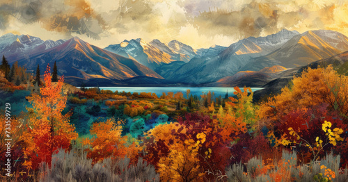 A panoramic view of mountains adorned with colorful autumn foliage