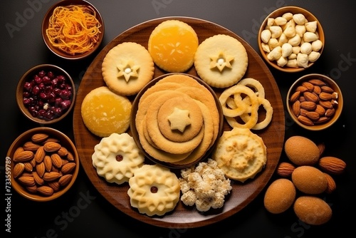 Deepavali cookies on a plate and table, surrounded by delicious sweet treats like maruku, ladoo and biscuits