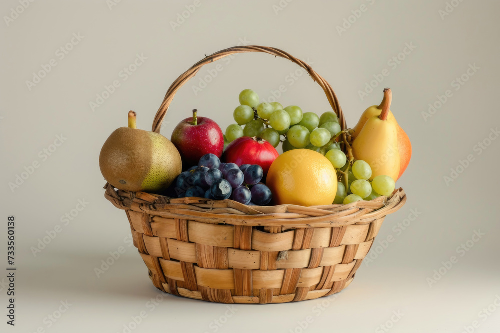 Wooden woven basket with fruits and berries
