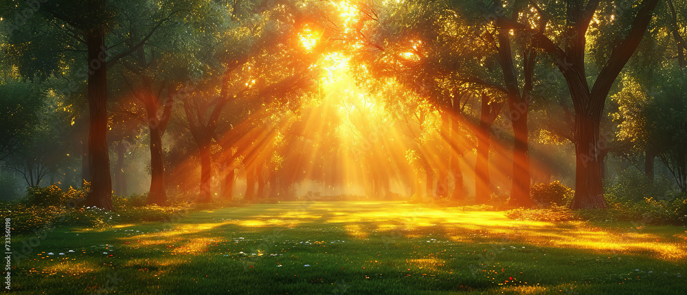 sunlight shining through the trees in a park with grass and flowers