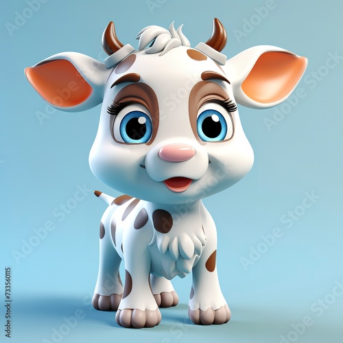 flat logo of Cute baby cow with big eyes lovely little animal 3d rendering cartoon character 