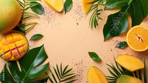 On a beige backdrop, deploy a mango and green leaf scrub to peel and exfoliate and space, Generative AI. photo