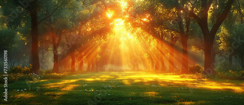 sunlight shining through the trees in a park with grass and flowers