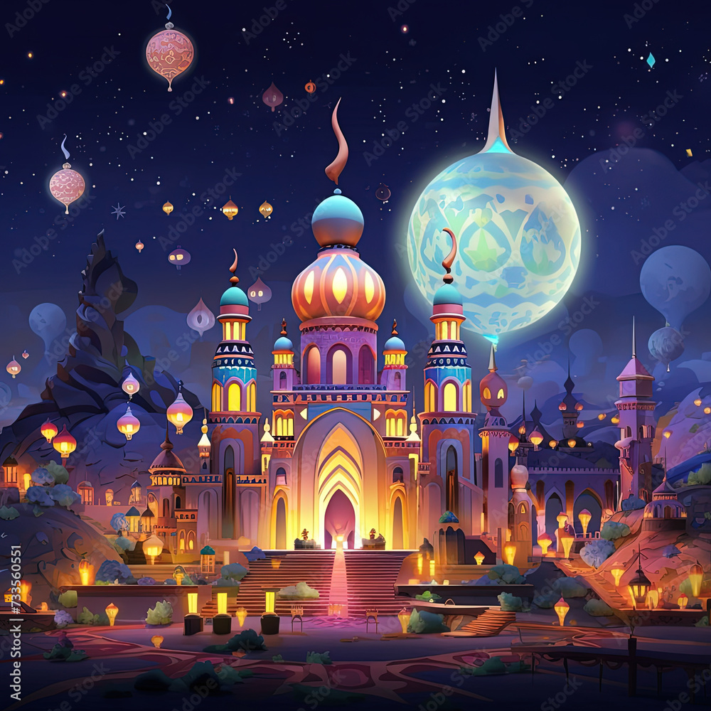 cartoon illustration of a fantasy castle with a full moon in the sky