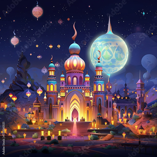 cartoon illustration of a fantasy castle with a full moon in the sky