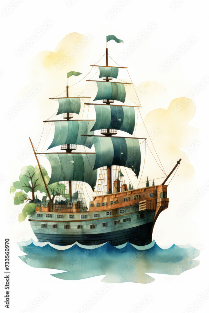 Pirate ships and sail in watercolor style on white background Created with Generative AI technology.