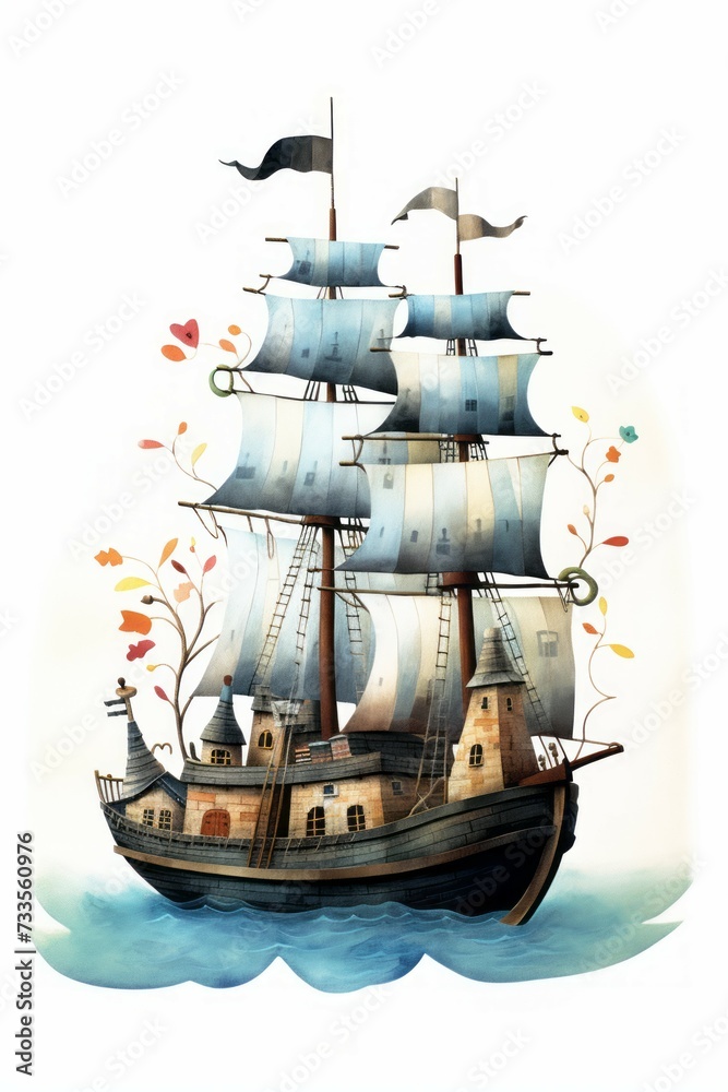 Naklejka premium Pirate ships and sail in watercolor style on white background Created with Generative AI technology.