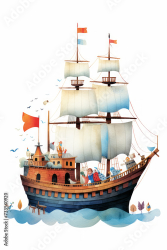 Pirate ships and sail in watercolor style on white background Created with Generative AI technology.