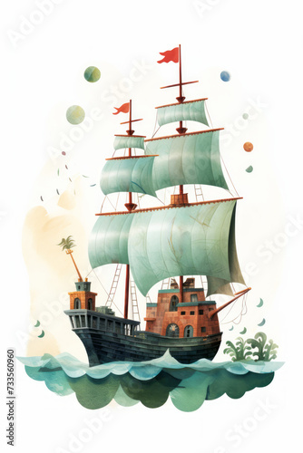 Pirate ships and sail in watercolor style on white background Created with Generative AI technology.