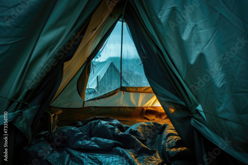 Warm and inviting tent interior during stormy weather