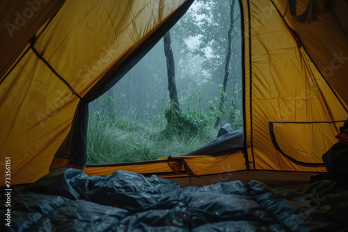 Warm and inviting tent interior during stormy weather