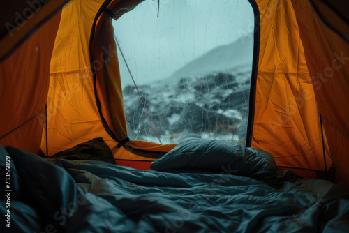 Warm and inviting tent interior during stormy weather