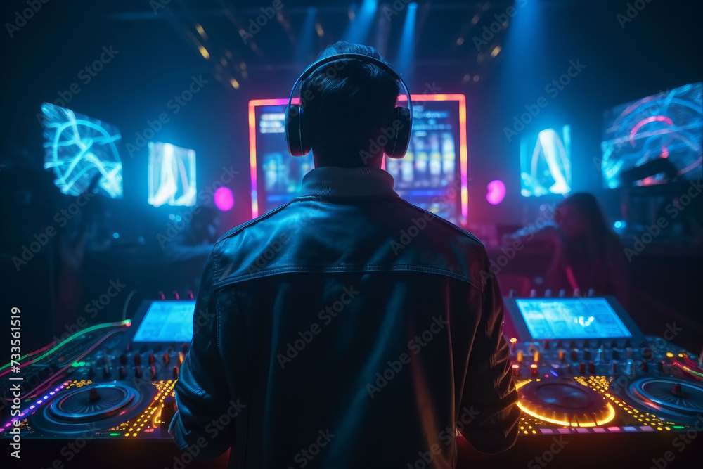 DJ player audio mixing electronic music in a nightclub party Created with Generative AI technology.