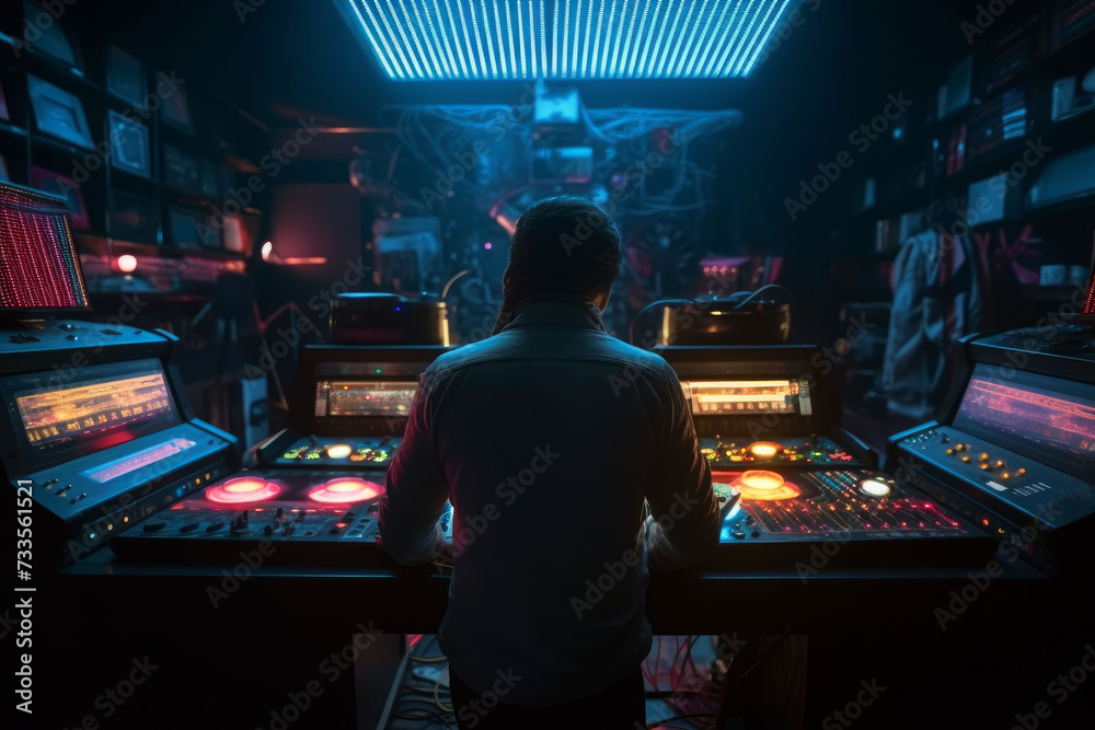 DJ player audio mixing electronic music in a nightclub party Created with Generative AI technology.