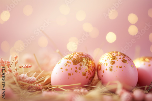 Easter eggs with pastel pink and gold design on glowing background