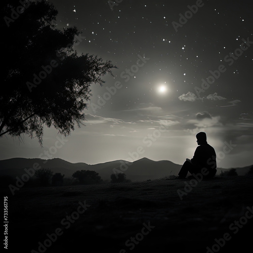 a man sitting under a tree looking at the stars
