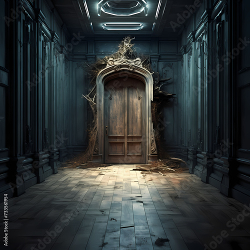 A mysterious door at the end of a long corridor.