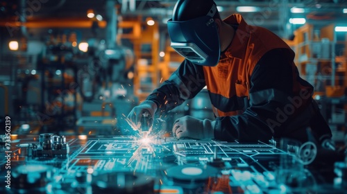 The welding engineer meticulously oversees the production line, where workers skillfully weld steel and iron components, creating sparks that illuminate the factory floor with bokeh.