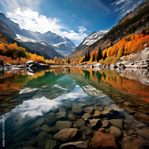 A serene mountain lake reflecting autumn colors.