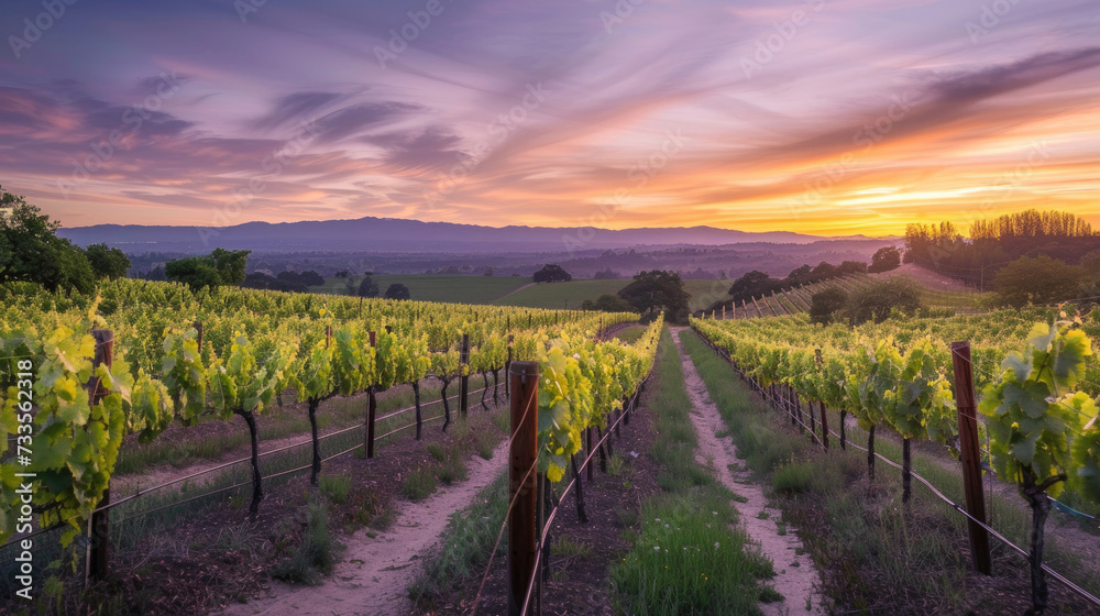 The last light of day gently envelops a serene vineyard landscape