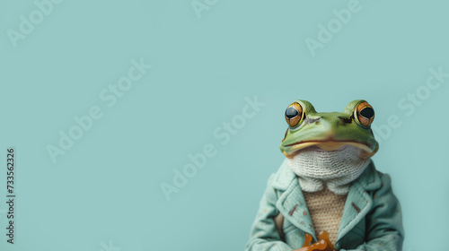 Dressed green frog isolated on the green pastel background.