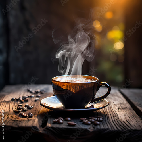 A steaming cup of coffee on a rustic wooden table.