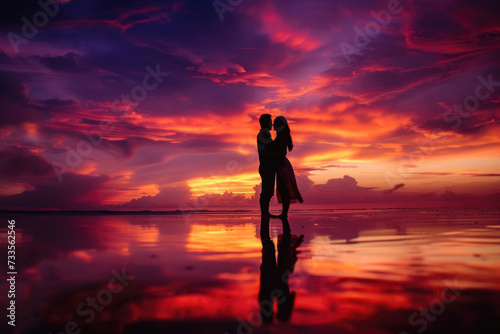 A couple's silhouette against the backdrop of a fiery sunset