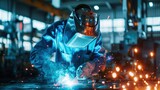 As the welding engineer oversees operations, sparks dance in the air, illuminating the steel and iron product line with a mesmerizing bokeh, showcasing the expertise of the factory workers