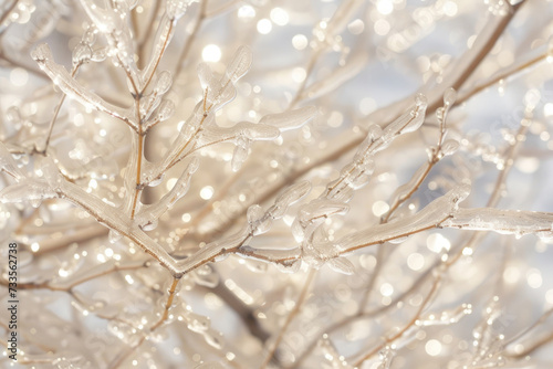 Close-up of a tree encased in ice against a snowy backdrop
