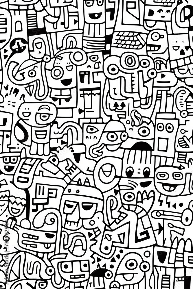 Illustration of coloring book doodle crowd cute alien monster Created with Generative AI technology.