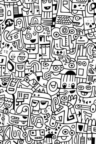 Illustration of coloring book doodle crowd cute alien monster Created with Generative AI technology.