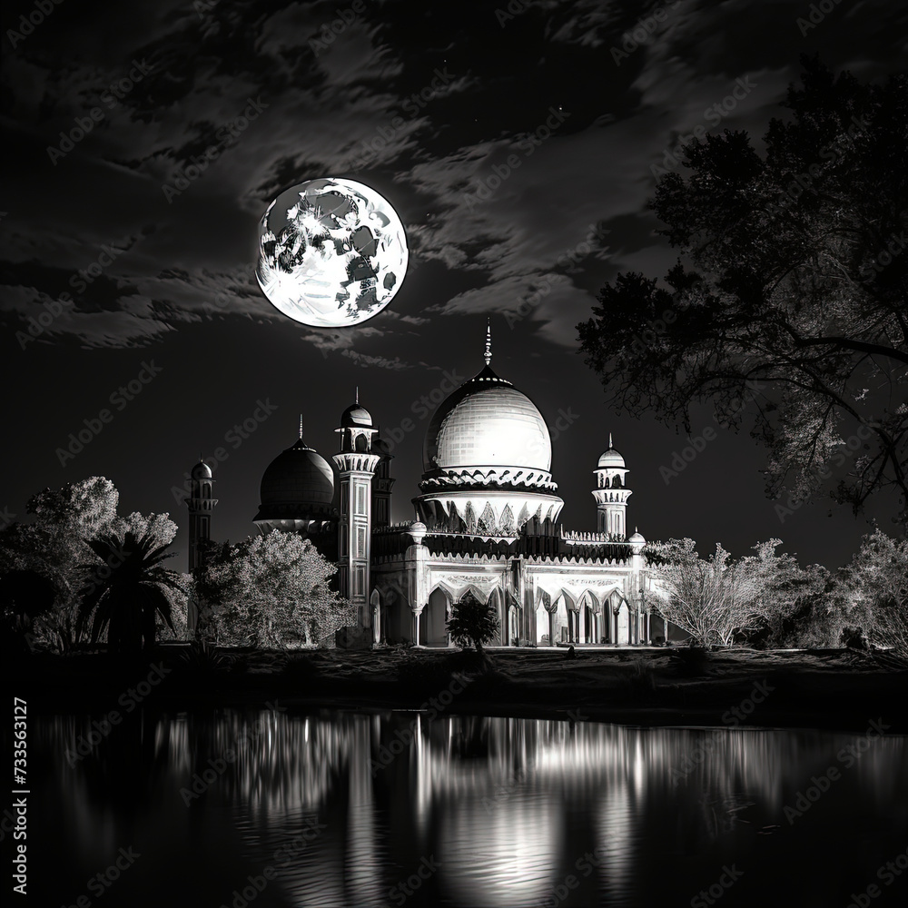 a view of a mosque with a full moon in the background
