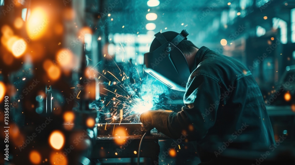 The welding engineer oversees the skilled workers as they ignite sparks along the steel and iron product line, the mesmerizing bokeh of the factory machinery The welding engineer oversees the skilled workers as they ignite sparks along the steel and iron product line, the mesmerizing bokeh of the factory machinery