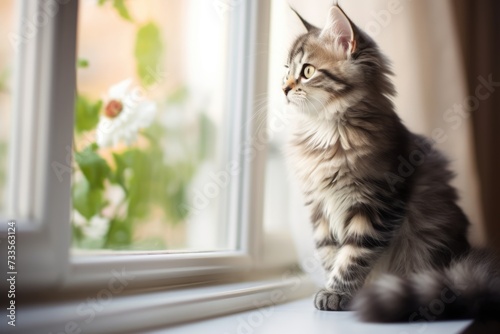Cute tabby kitten on a windowsill. Cat at home, pets indoors. AI Generated 