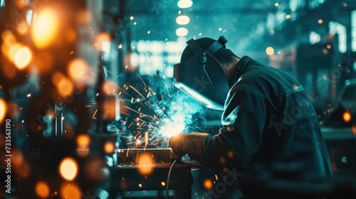The welding engineer oversees the skilled workers as they ignite sparks along the steel and iron product line, the mesmerizing bokeh of the factory machinery