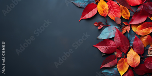Autumn background with red leaves and berries on dark blue background.