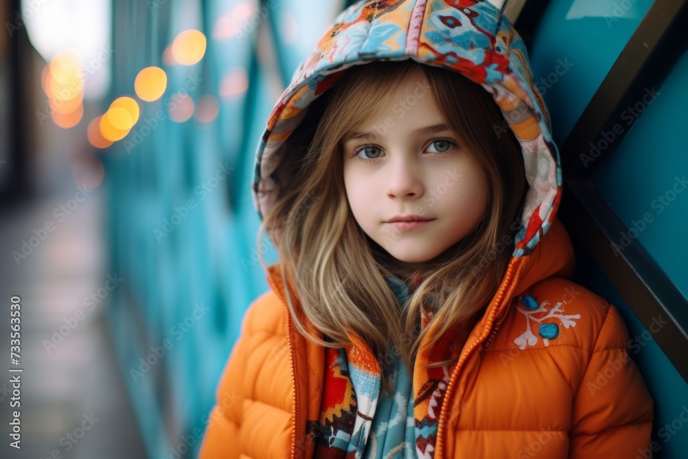 Portrait of a cute little girl in an orange jacket on the street Portrait of a cute little girl in an orange jacket on the street