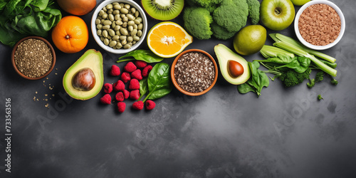 On a sleek gray concrete backdrop  a variety of healthy foods like fruits  veggies  seeds  superfoods  grains  and leafy greens are carefully arranged  promoting clean eating