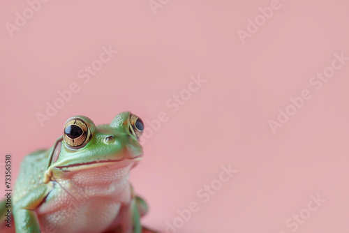 Dressed green frog isolated on the pastel pink background.