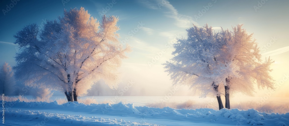 Stunning Winter Scene: Winter Scene with 2 Majestic Trees in a Winter Wonderland