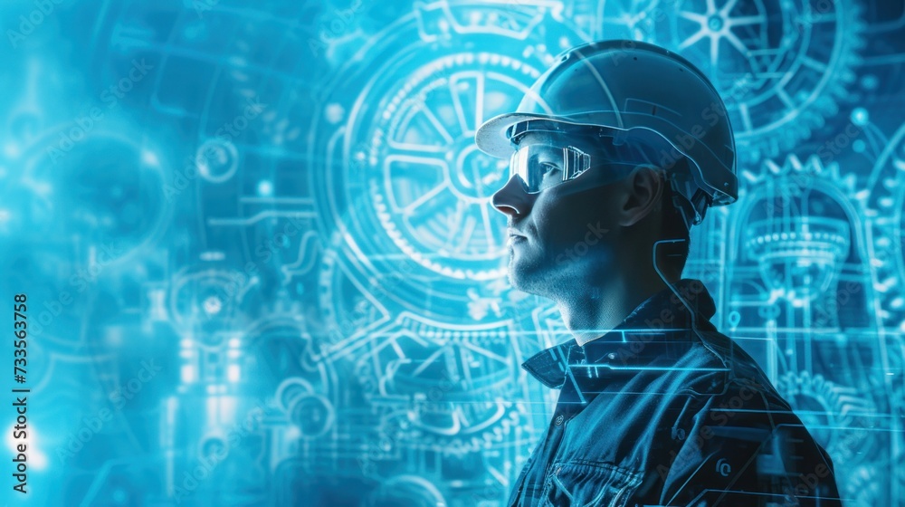 The machinery engineer, holding a blueprint in hand, stands amidst a double exposure of complex gear systems and industrial machinery The machinery engineer, holding a blueprint in hand, stands amidst a double exposure of complex gear systems and industrial machinery