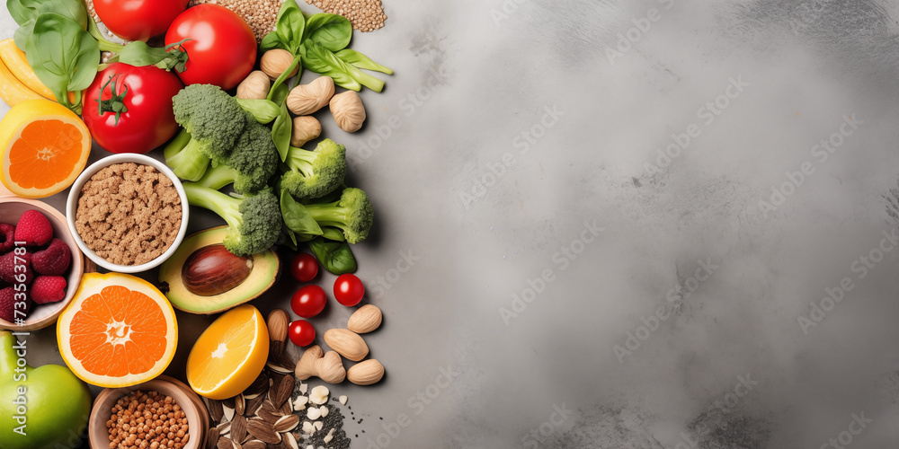 On a sleek gray concrete backdrop, a variety of healthy foods like fruits, veggies, seeds, superfoods, grains, and leafy greens are carefully arranged, promoting clean eating On a sleek gray concrete backdrop, a variety of healthy foods like fruits, veggies, seeds, superfoods, grains, and leafy greens are carefully arranged, promoting clean eating